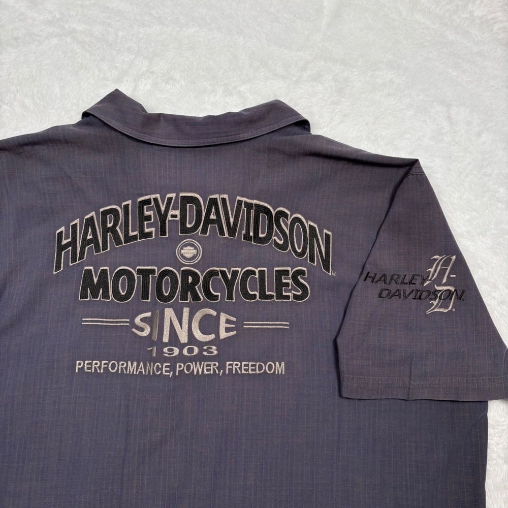 Y2K Harley-Davidson Button Shirt Men 2XL Gray Blue Mechanic Spellout Short Slv - Picture 8 of 16